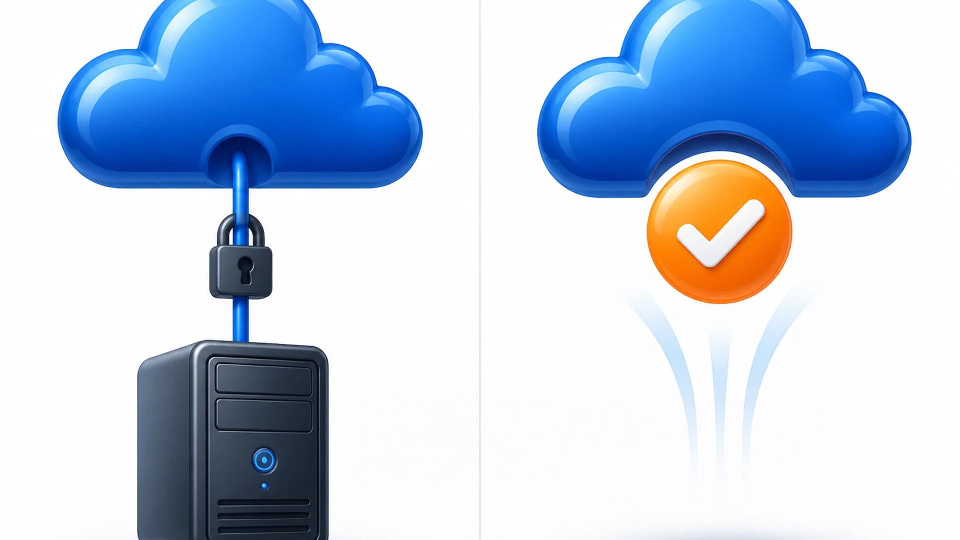 A desktop tower on the left is tethered by a cable and padlock to a blue cloud above it, while on the right an identical blue cloud floats free with an orange checkmark badge inside, illustrating hosted desktop versus cloud-native tax software.