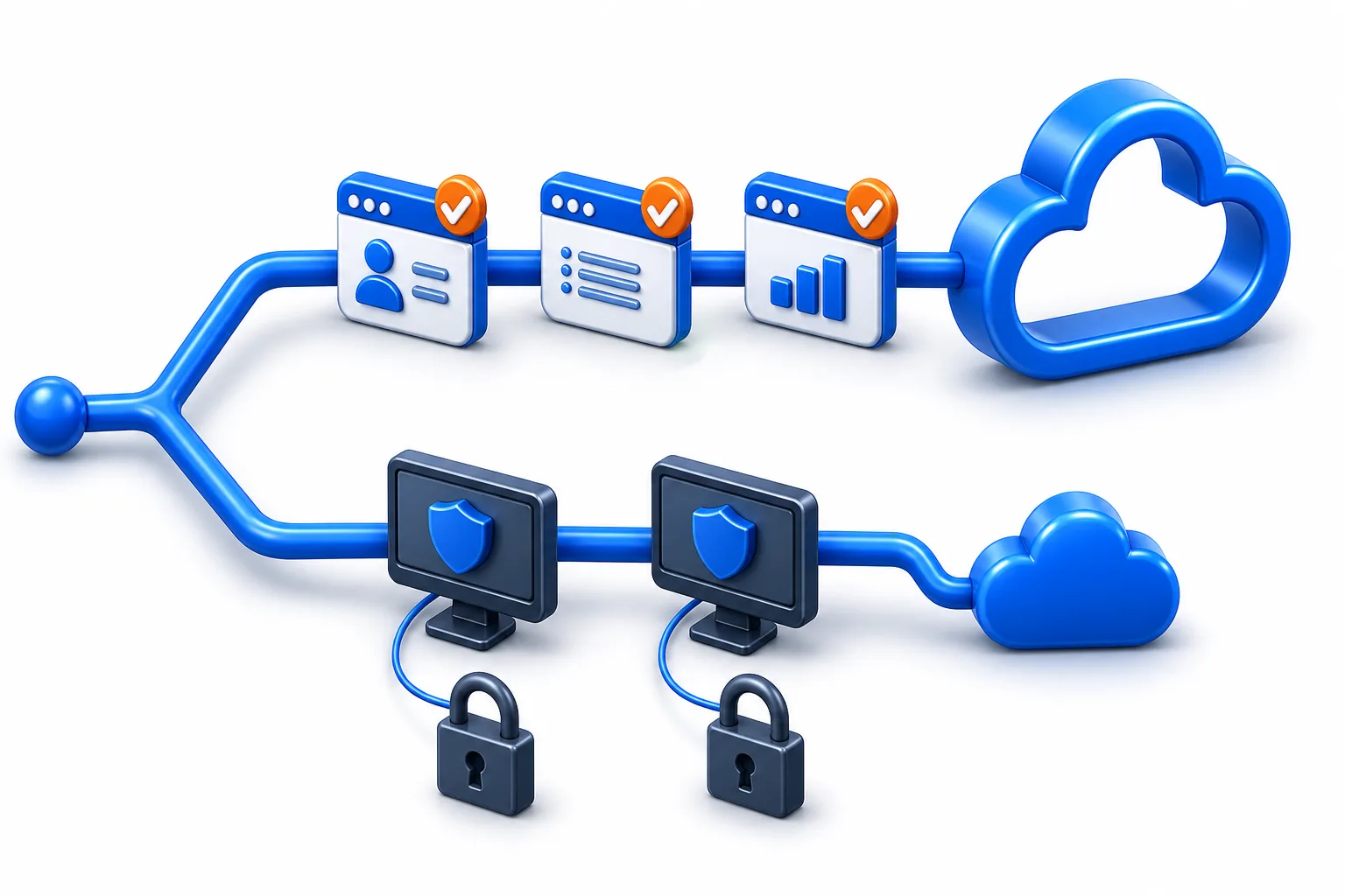 An illustration of two paths: the first shows three browser windows with orange checkmarks leading to a large cloud, while the second shows two desktop monitors connected by cables to a padlock that precedes a smaller cloud, contrasting cloud-native and hosted desktop tax software.