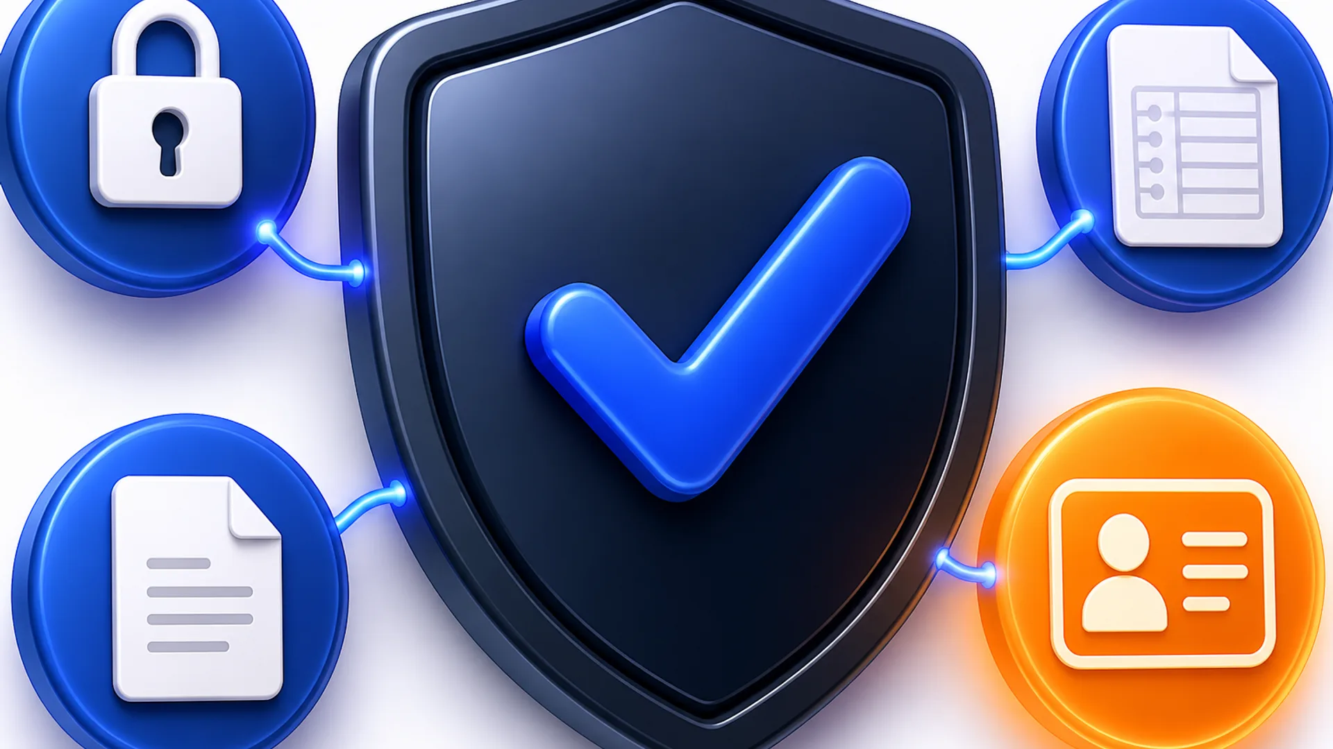 A central dark shield with a blue check mark, orbited by four small icon circles representing a padlock, document, ledger, and a glowing orange person ID card.