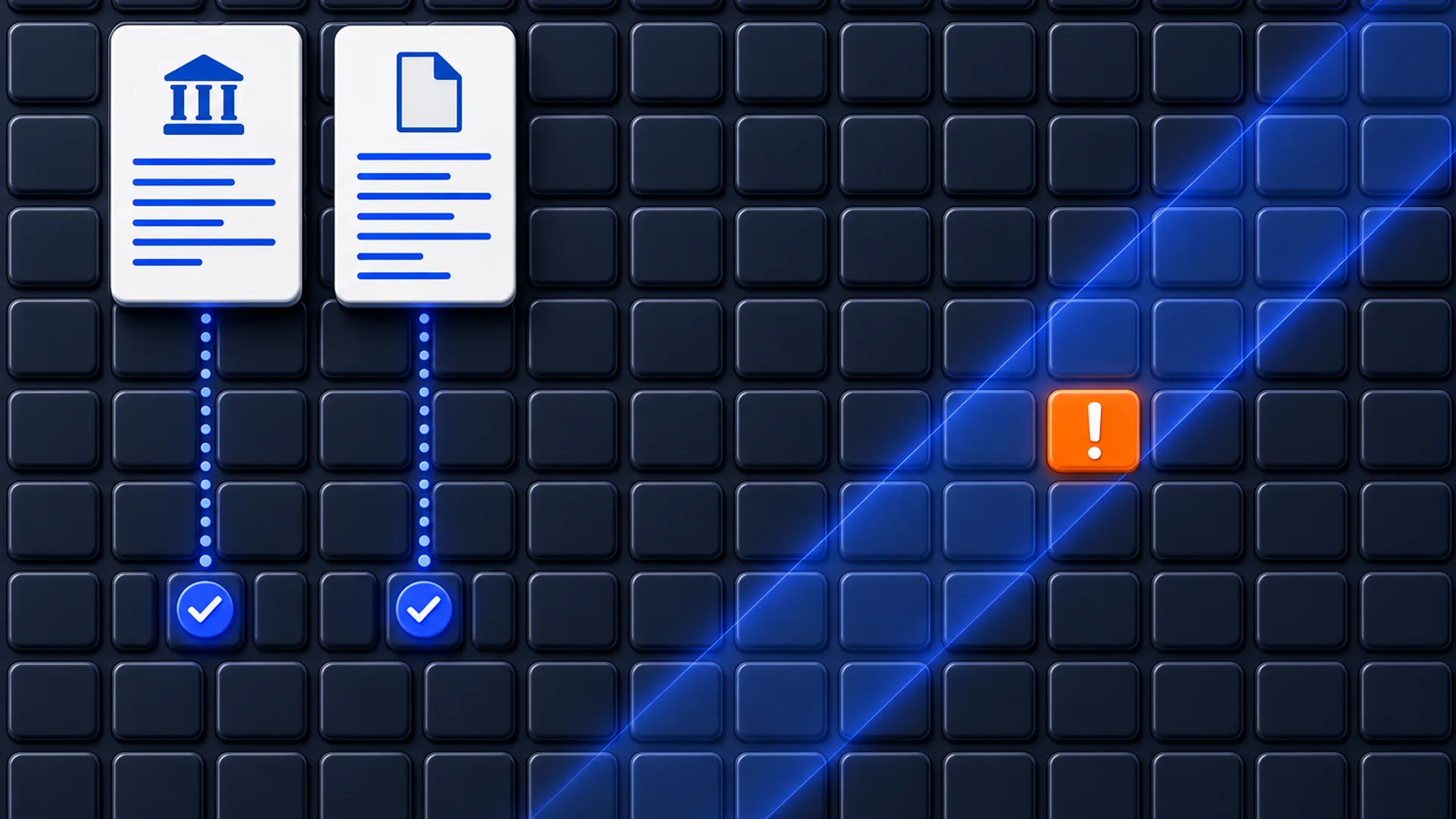 Straight-down view of a dense dark navy grid of rounded square cells. Two pale rectangular cards float above the grid in the upper left, one with a tiny bank-columns icon and the other with a dog-eared page icon; faint gray lines stand in for text. From each card, a dotted blue guide descends to the cell beneath, where both landing spots carry a white checkmark inside a round blue badge. A broad band of blue light sweeps diagonally across the grid from the lower left to the upper right, and inside that band a single cell glows solid orange with a white exclamation mark. No people, furniture, electronics, drinkware, or legible words.