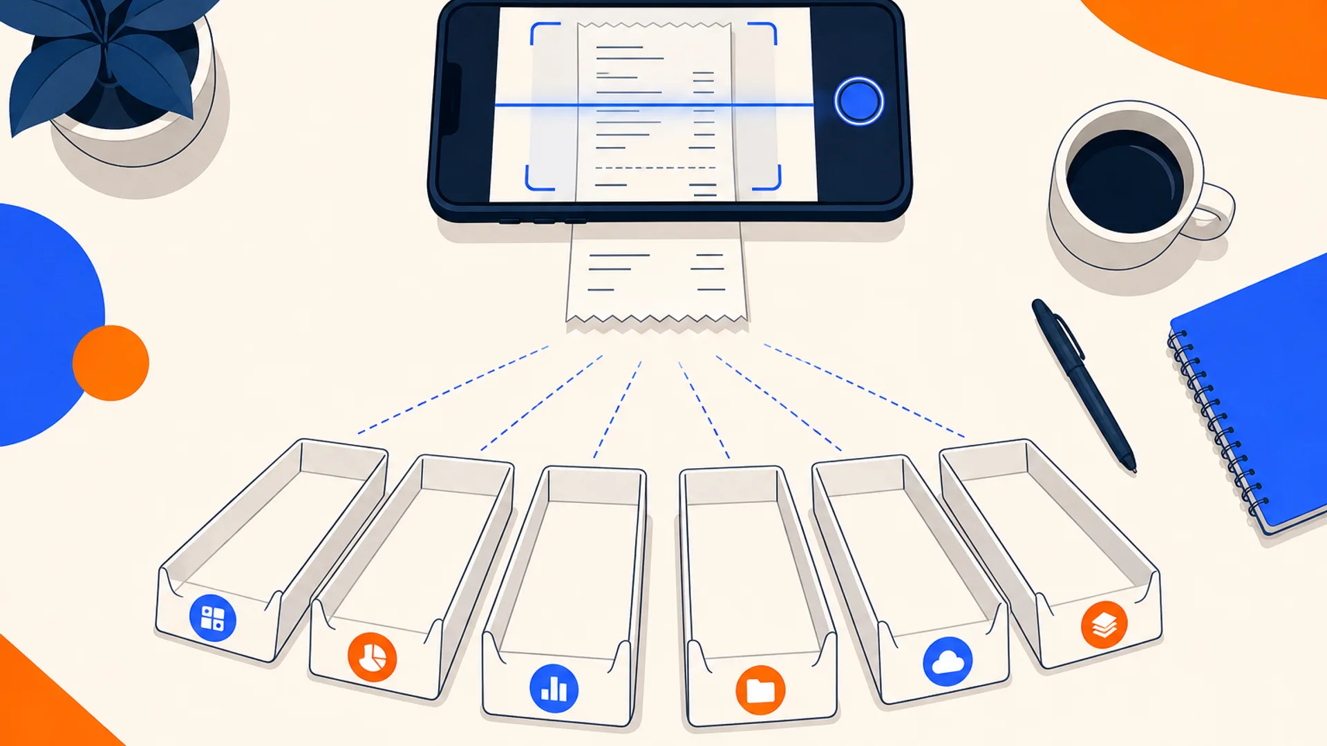 Overhead flat-lay of a bookkeeper's desk with a smartphone mid-scan of a receipt above a fanned row of six blank document trays representing different capture tools, on a warm off-white surface with brand blue and orange accents