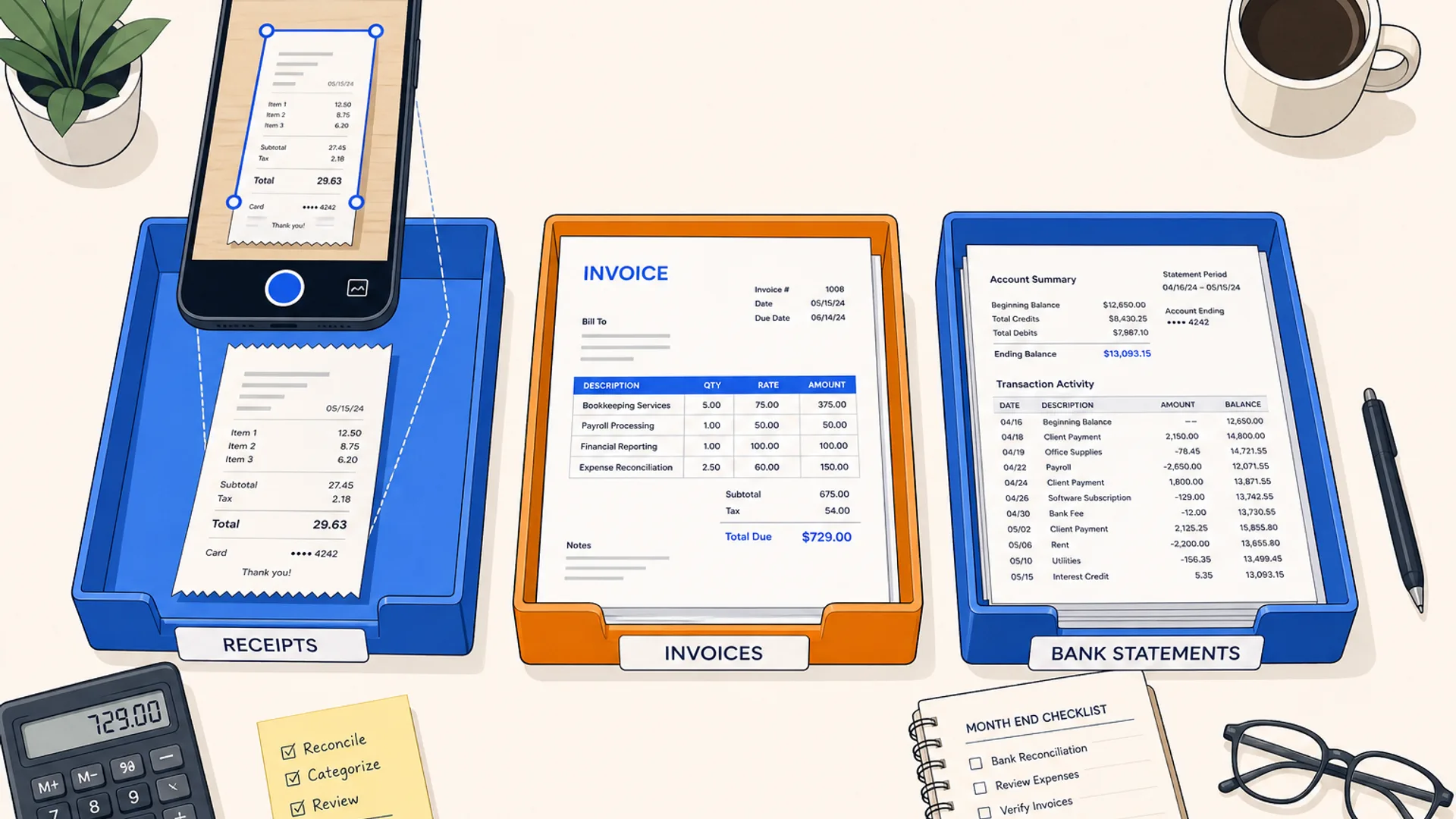 Overhead flat-lay of a bookkeeper's desk with three separate document trays labeled with a receipt, an invoice, and a bank statement, a smartphone mid-scan above one tray, on a warm off-white surface with brand blue and orange accents