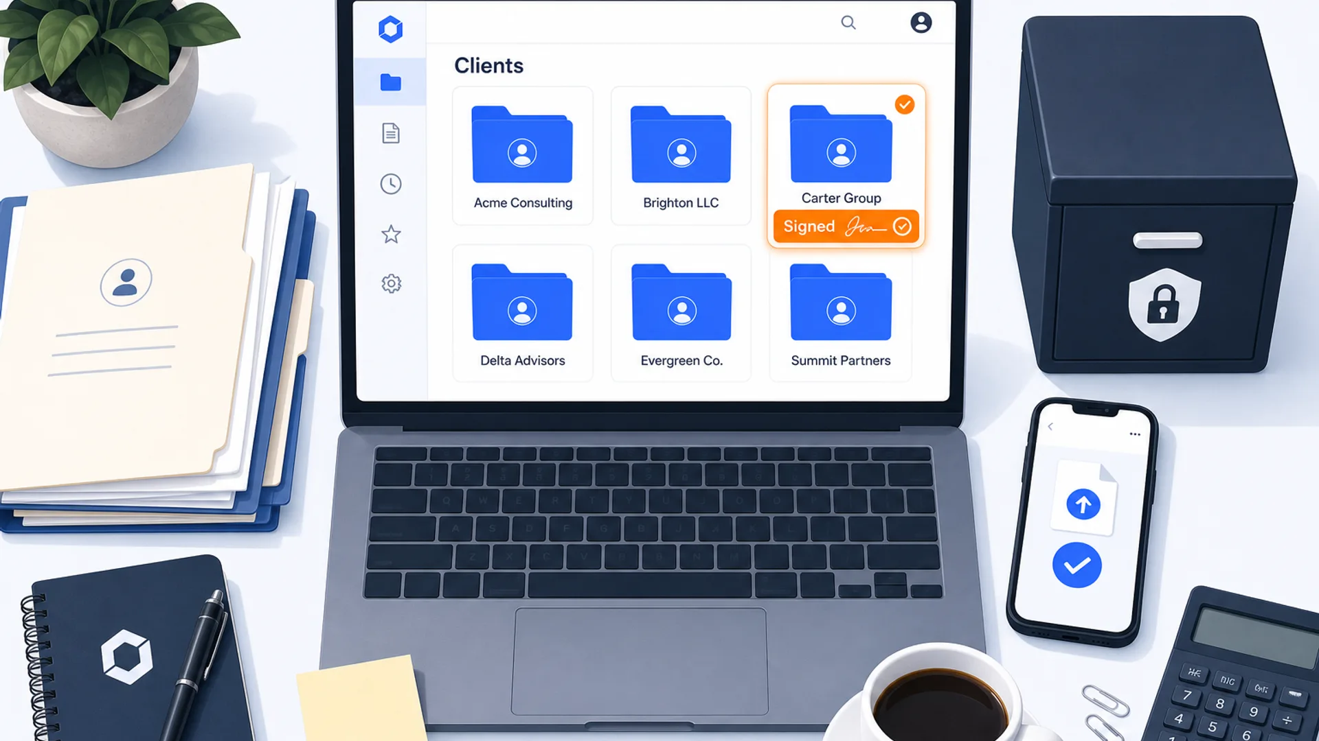 Overhead flat-lay of an accountant's desk with a laptop showing organized, tagged document folders and a signed e-signature confirmation, next to a small locked filing box icon, a stack of paper files, and a coffee cup, on a warm off-white surface with brand blue and orange accents