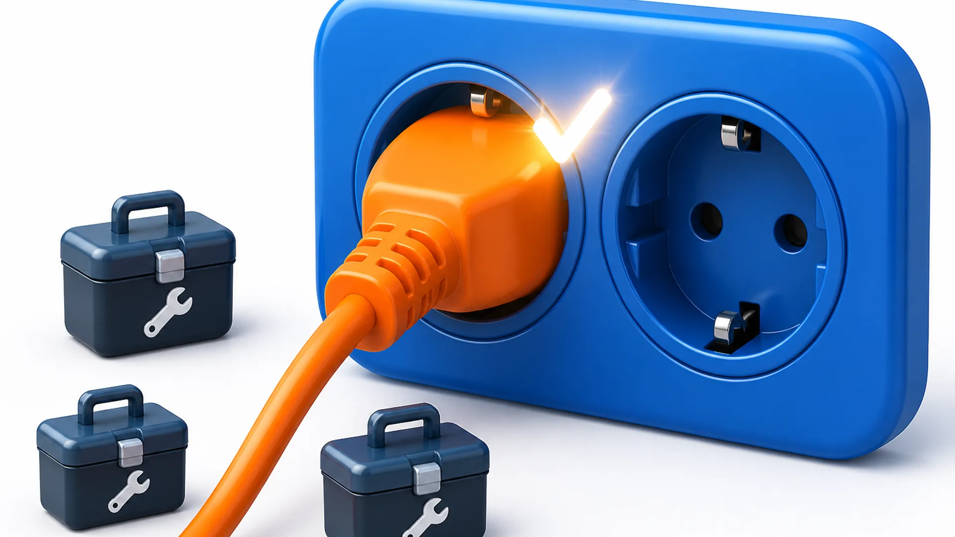 Large orange plug connecting to a blue wall socket with a glowing green check mark at the contact point, next to several small slate toolbox icons that sit apart from each other.