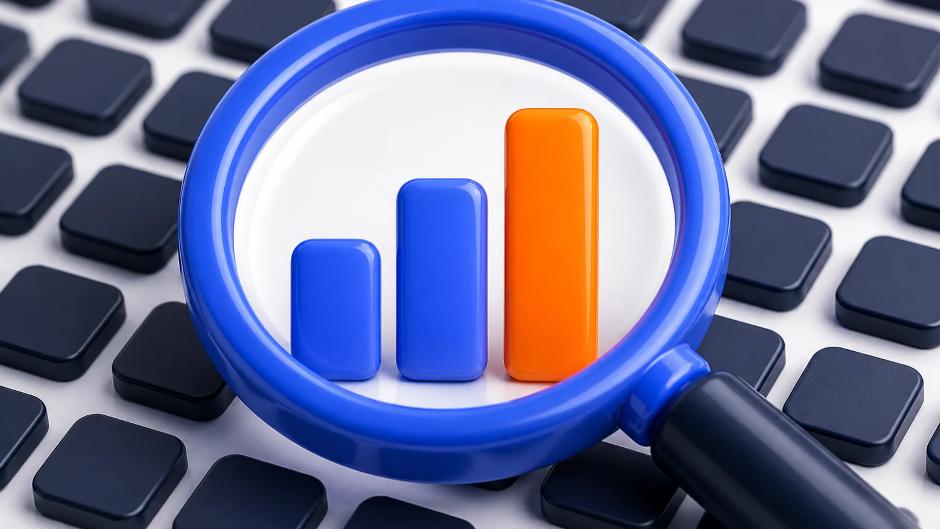 A blue magnifying glass hovers over a dense grid of dark rounded tiles; inside the lens glows a three-column bar chart with the tallest bar lit in orange.