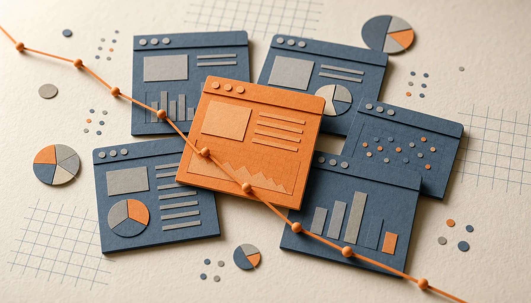 Abstract illustration of stacked rectangular software window shapes in slate blue on a warm cream paper background, with one tilted card highlighted in orange bearing a question mark