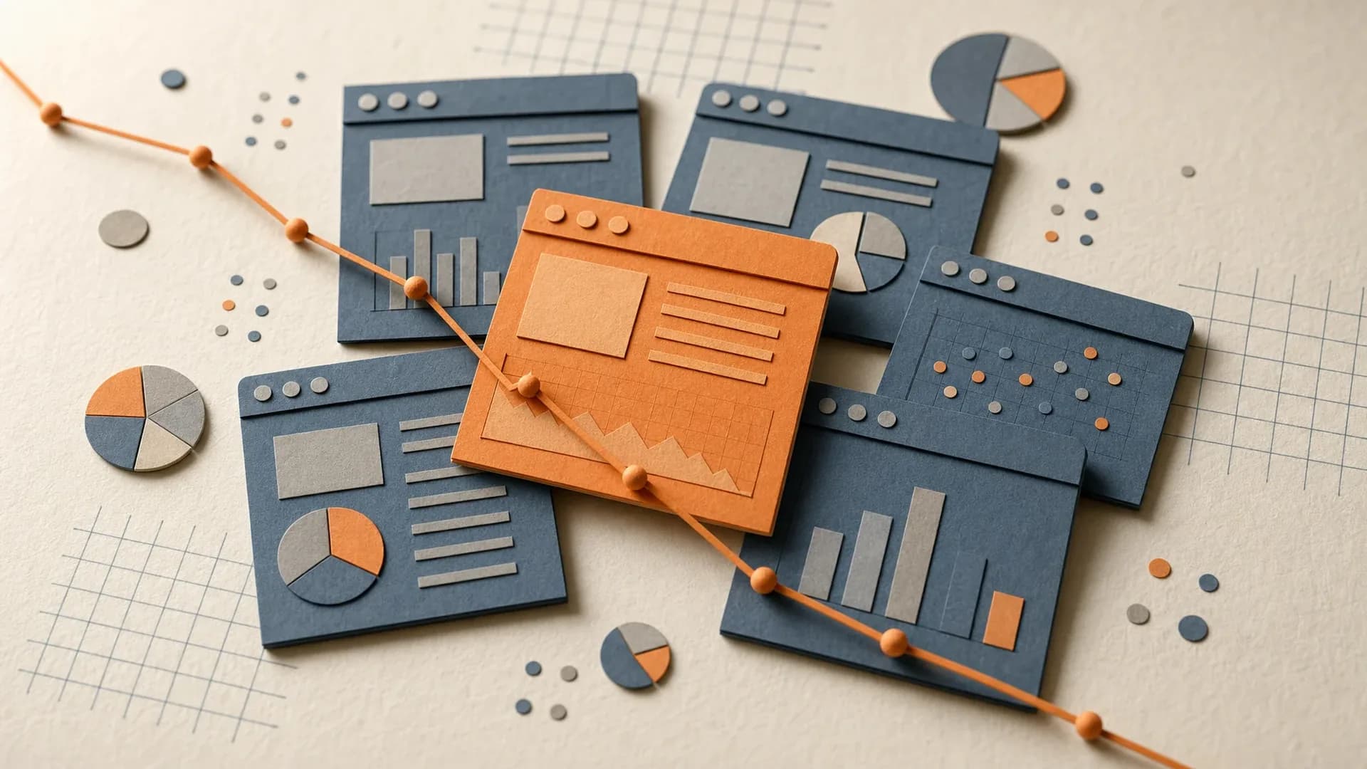 Abstract illustration of stacked rectangular software window shapes in slate blue on a warm cream paper background, with one tilted card highlighted in orange bearing a question mark
