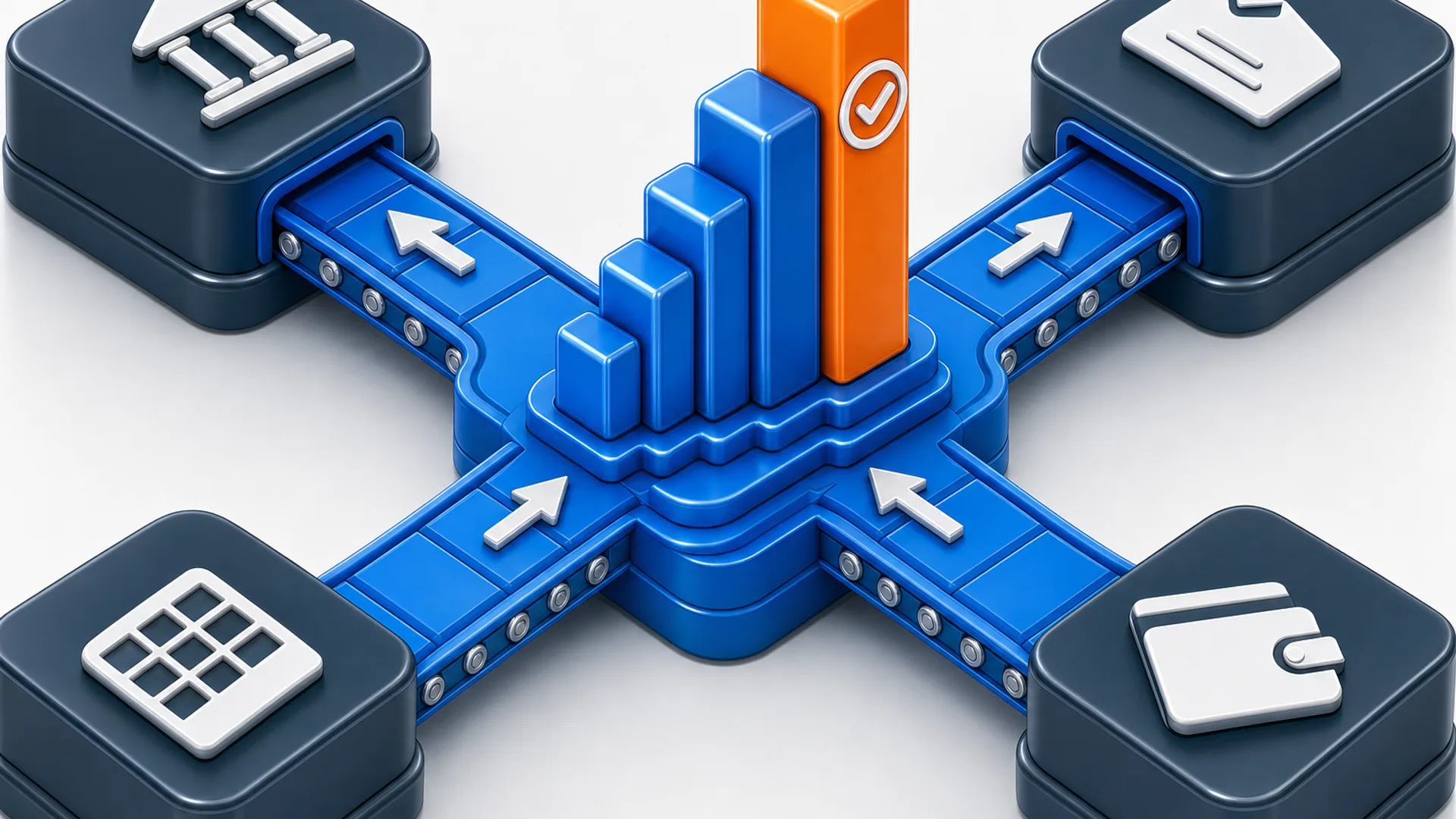 Isometric view of converging conveyor lanes carrying bank, invoice, spreadsheet, and wallet icons into a tall bar chart with an orange top bar