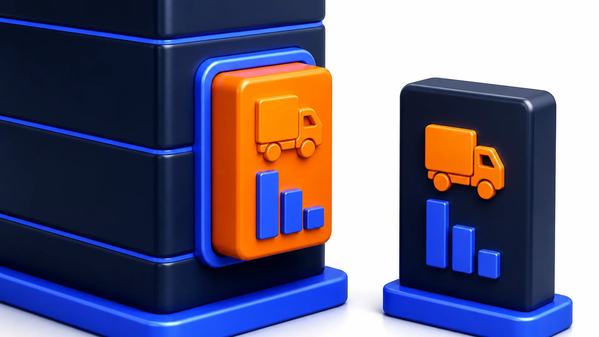 A tower of stacked ledger modules with an orange fixed-asset module attached to its side and a second identical module standing alone on its own base.