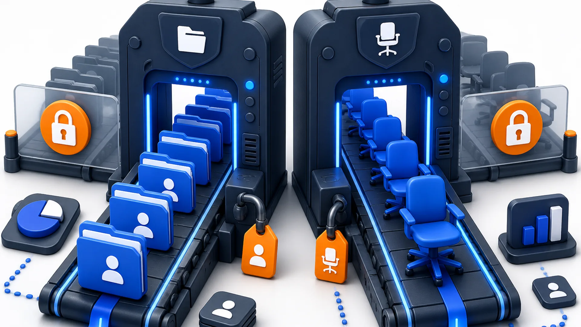 Two scanner gates side by side, the left metering a line of blue client folder cards and the right a line of blue office chairs, each with the overflow held back behind an orange padlock badge