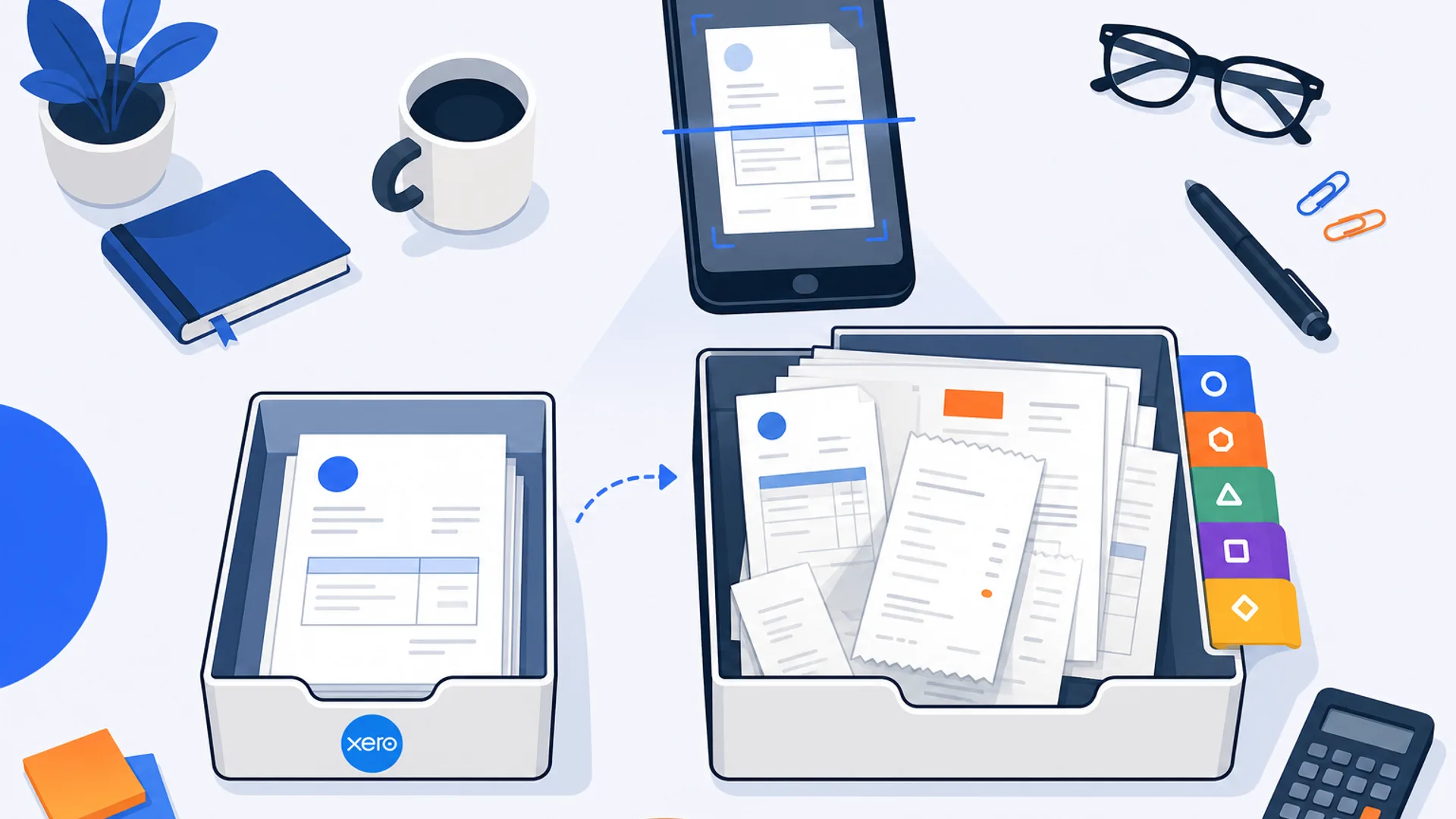 Overhead flat-lay of a bookkeeper's desk with two document trays side by side, one labeled with a Xero-blue folder icon and one with a stack of mixed-format invoices from different software logos, a smartphone mid-scan above the trays, on a warm off-white surface with brand blue and orange accents