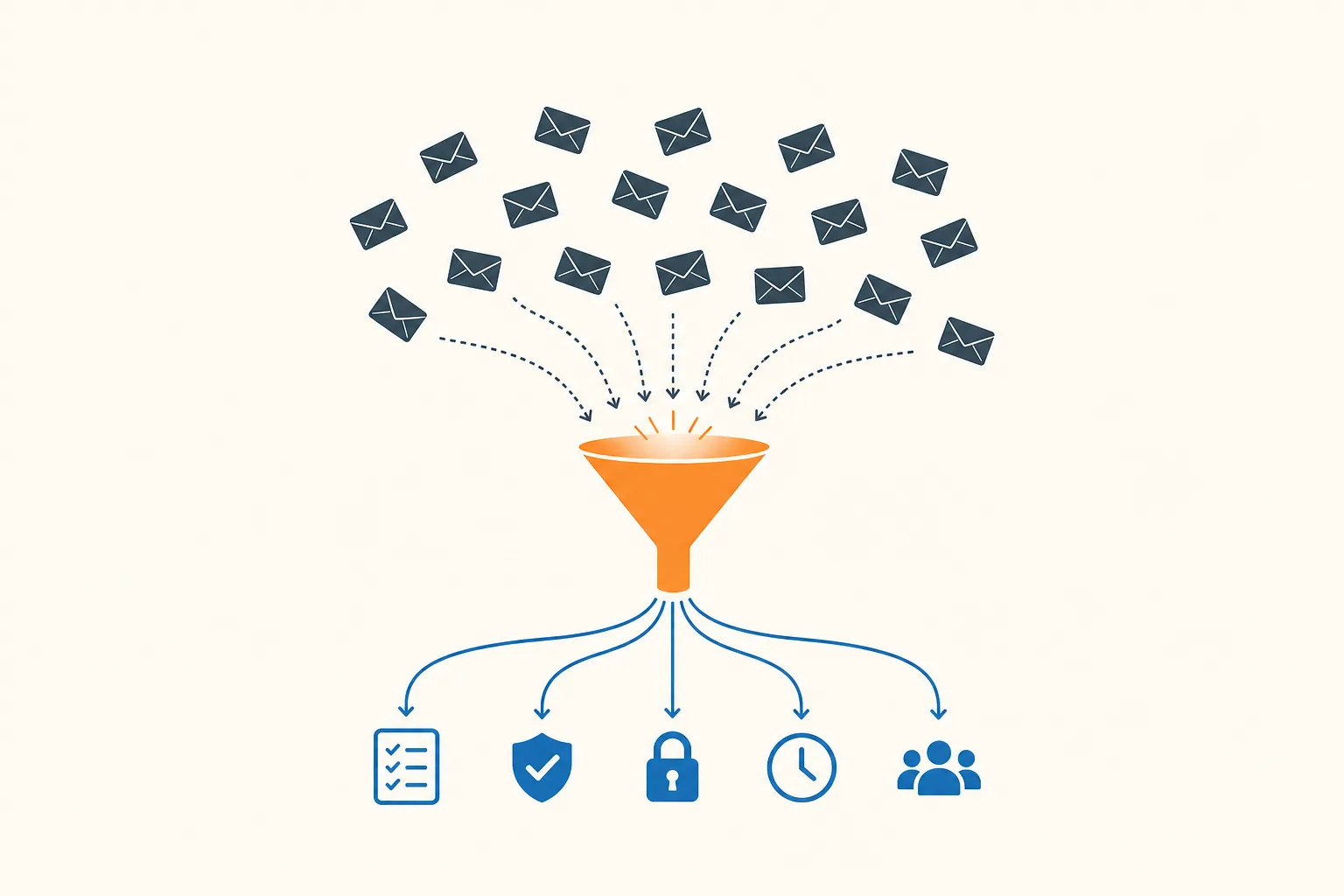 Overhead flat editorial illustration on a warm off-white background of a cluster of scattered deep-slate envelope icons being drawn toward a single glowing orange funnel at the center, which sorts them into five separate brand-blue destination paths fanning out below it, each path ending in a small distinct icon: a checklist, a shield, a padlock, a clock, and a group-of-people icon. No desk, laptop, phone, or coffee cup in the scene.