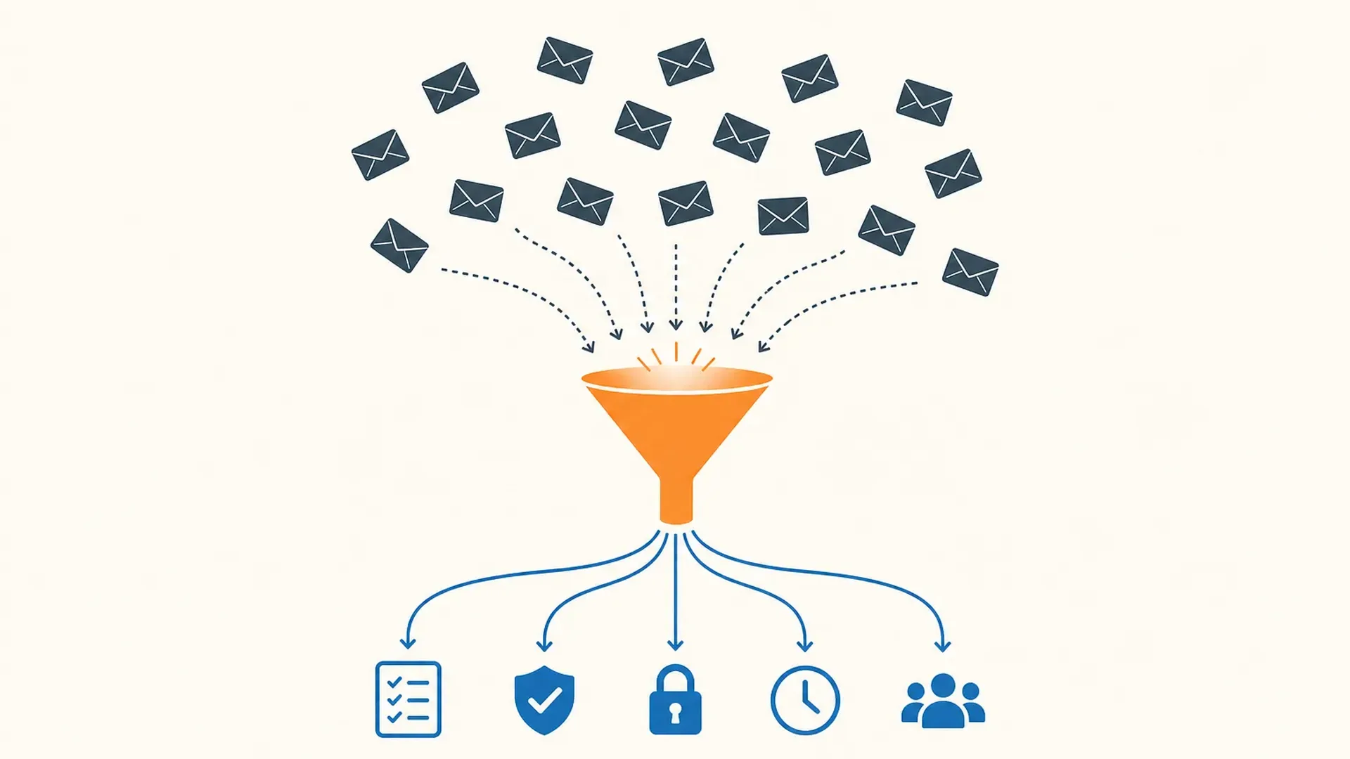 Overhead flat editorial illustration on a warm off-white background of a cluster of scattered deep-slate envelope icons being drawn toward a single glowing orange funnel at the center, which sorts them into five separate brand-blue destination paths fanning out below it, each path ending in a small distinct icon: a checklist, a shield, a padlock, a clock, and a group-of-people icon. No desk, laptop, phone, or coffee cup in the scene.
