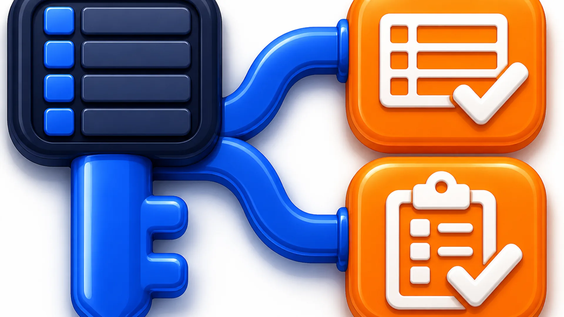 A glossy blue key with a ledger-row bow, its shaft splitting into two blue lanes leading to orange badges with white check marks for ledger and clipboard icons.
