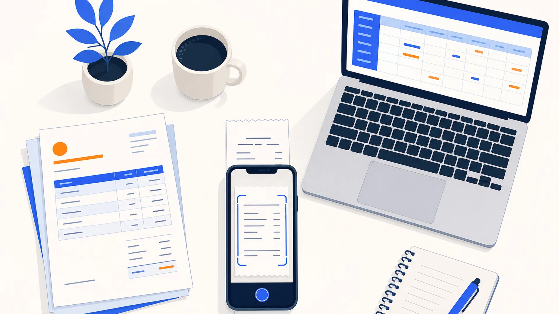 Overhead flat-lay of a bookkeeper's desk with a smartphone mid-scan of a paper receipt, the phone screen showing a bounding box around extracted data, next to a small stack of invoices, a laptop showing a spreadsheet, and a coffee cup, on a warm off-white surface with brand blue and orange accents