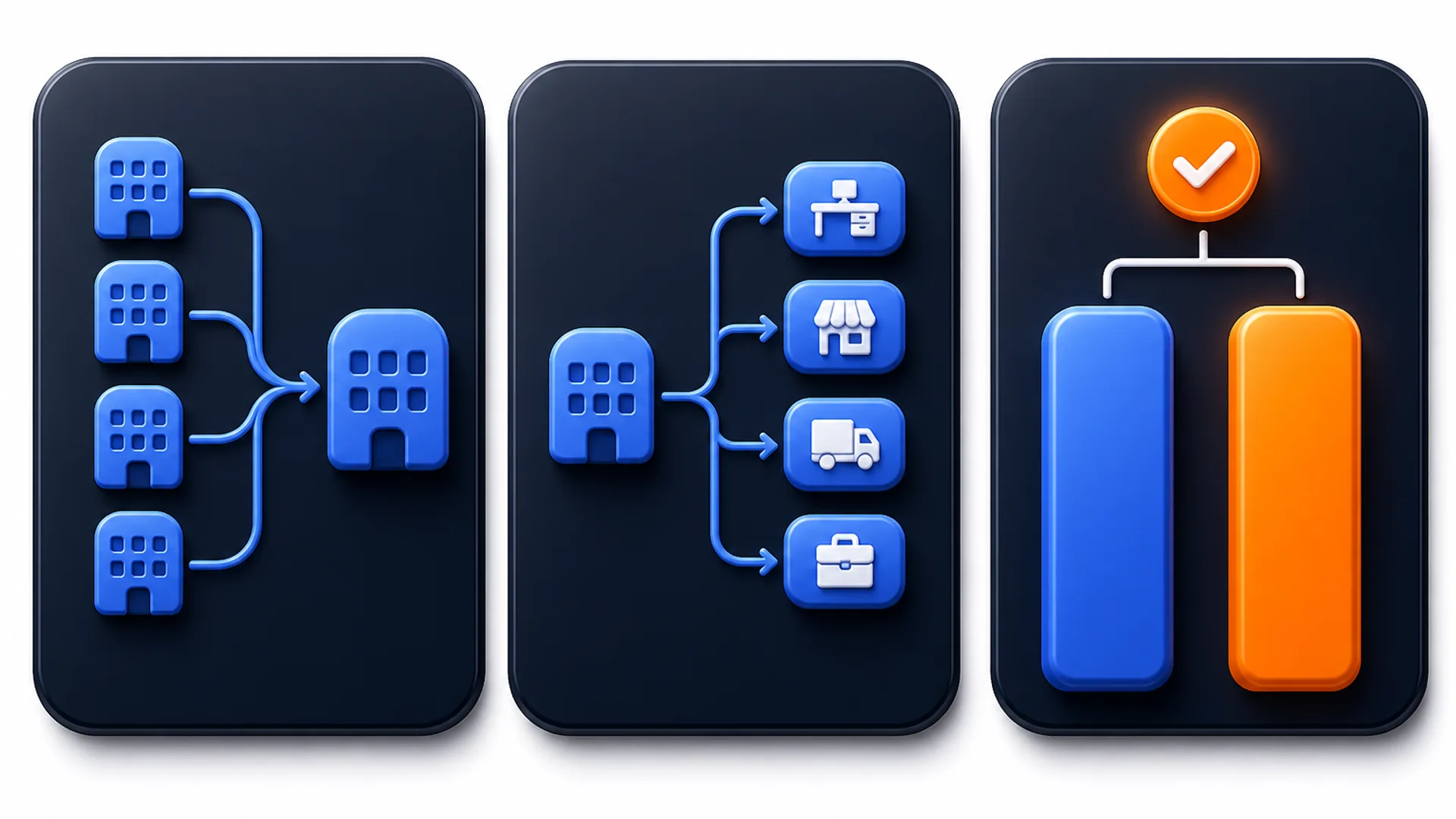 Three dark panels showing from left to right: multiple small buildings merging into one larger building, a single building branching into four labeled rows, and two horizontal bars with a checkmark badge above the accent-colored bar.