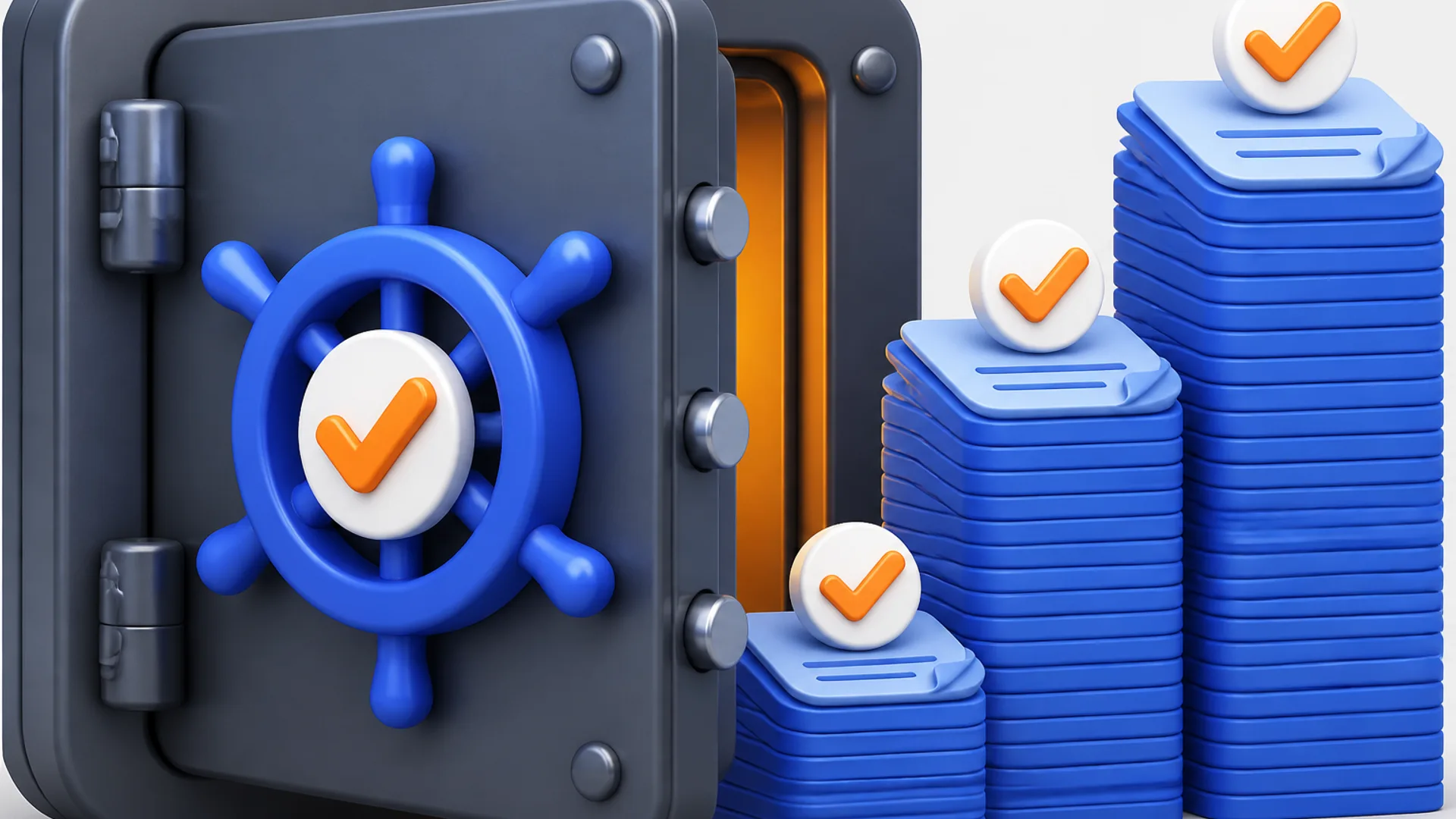 A deep-slate bank vault stands ajar with a brand-blue circular wheel and a white-and-orange checkmark badge at its center, while stacks of blue paper forms rise beside it, each topped with a small checkmark badge.