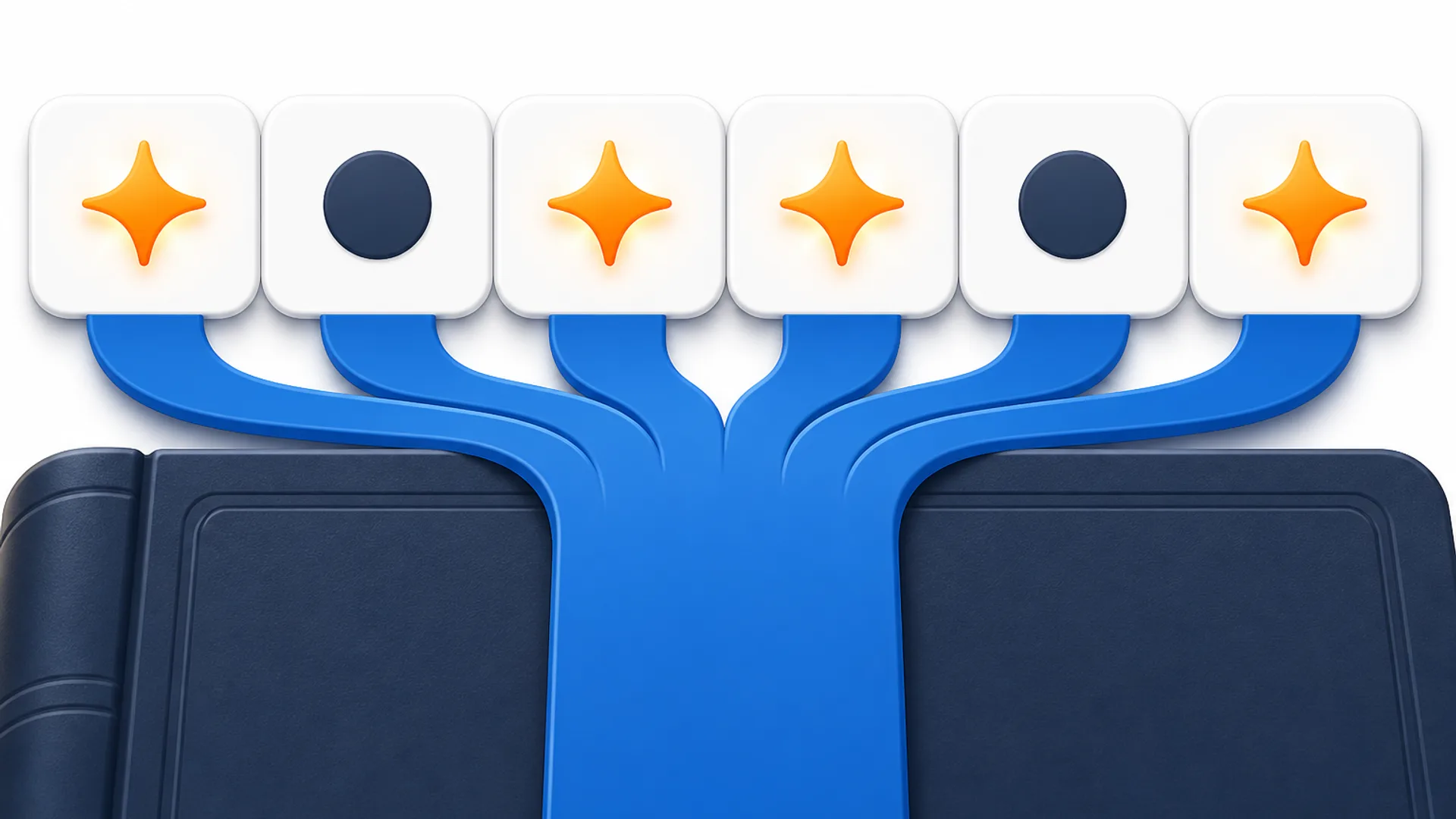 A view from above of a dark blue ledger book at the bottom, with one wide blue lane splitting into six narrower blue lanes that end in six white badge cards spread across the top with visible margin above them; four of the badges show a glowing orange spark icon and two show a plain dark blue dot.