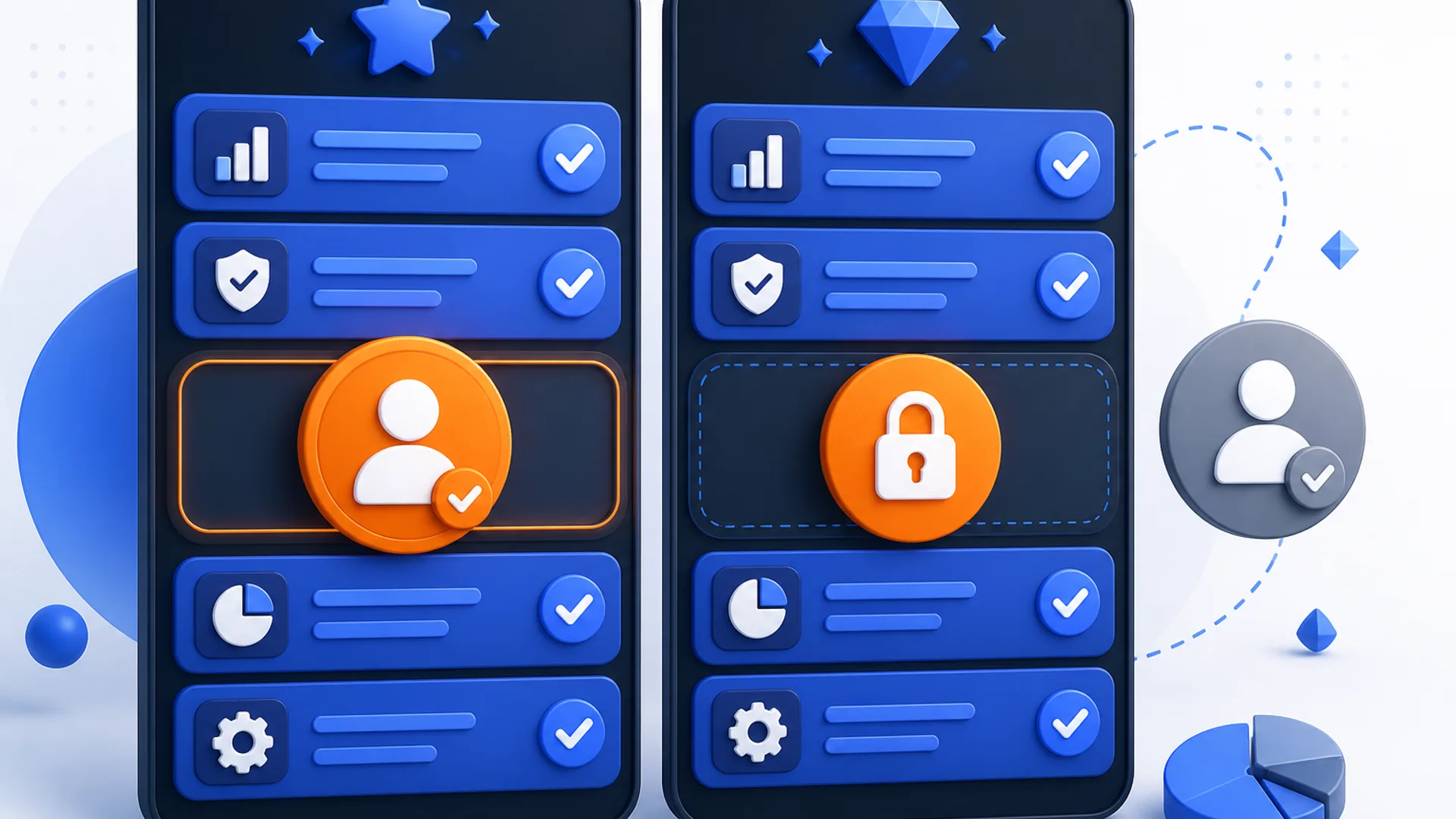 Two plan cards of blue feature rows, the left with an orange accountant badge seated in a highlighted slot, the right with that slot padlocked and the accountant badge greyed outside the card