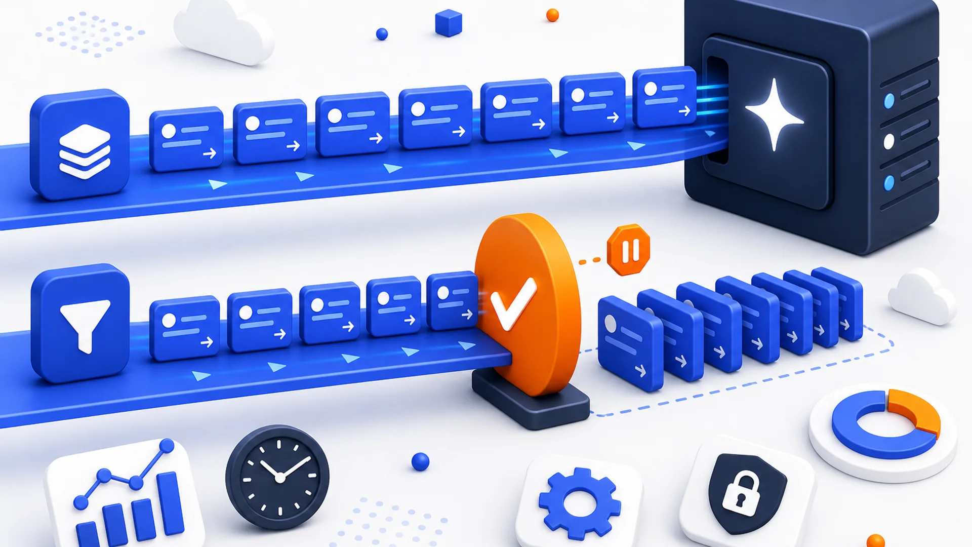 Two lanes of blue transaction cards, the upper flowing straight into a dark ledger block marked with a sparkle, the lower stopped at a large orange tick with the remaining cards queued behind it
