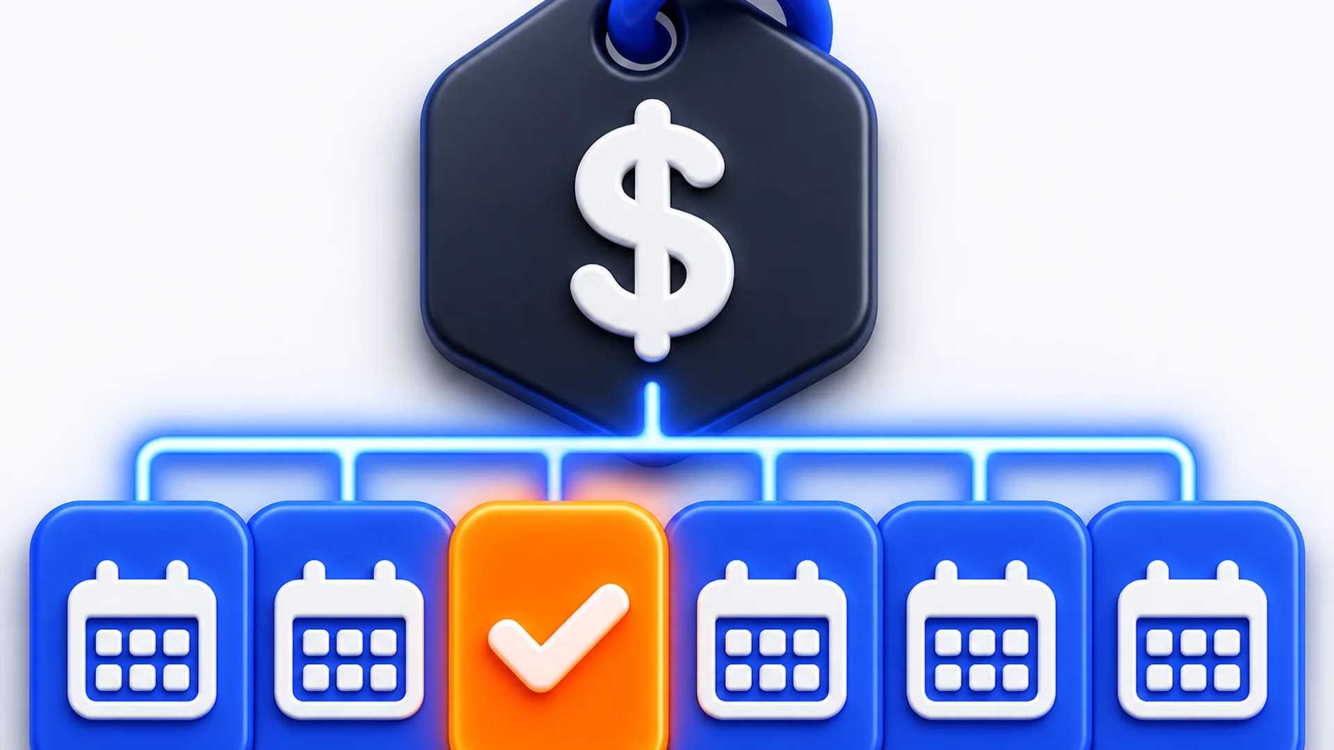 Dark rounded price tag with a white dollar sign hanging above a row of six rounded tiles, five solid blue and one orange with a checkmark, connected by glowing blue lines