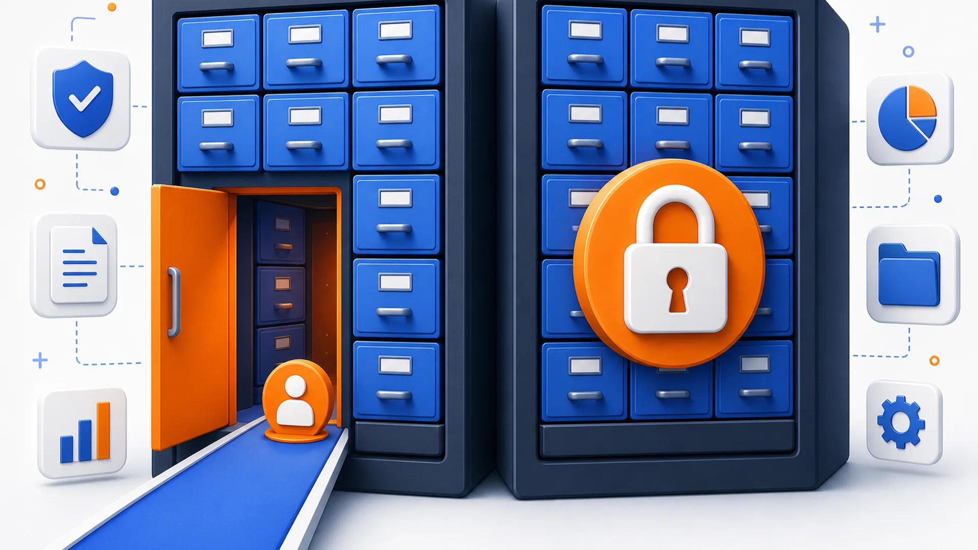 Two dark filing cabinets of blue drawers, the left with an open orange door and a blue walkway leading in past an orange person badge, the right sealed behind an oversized orange padlock