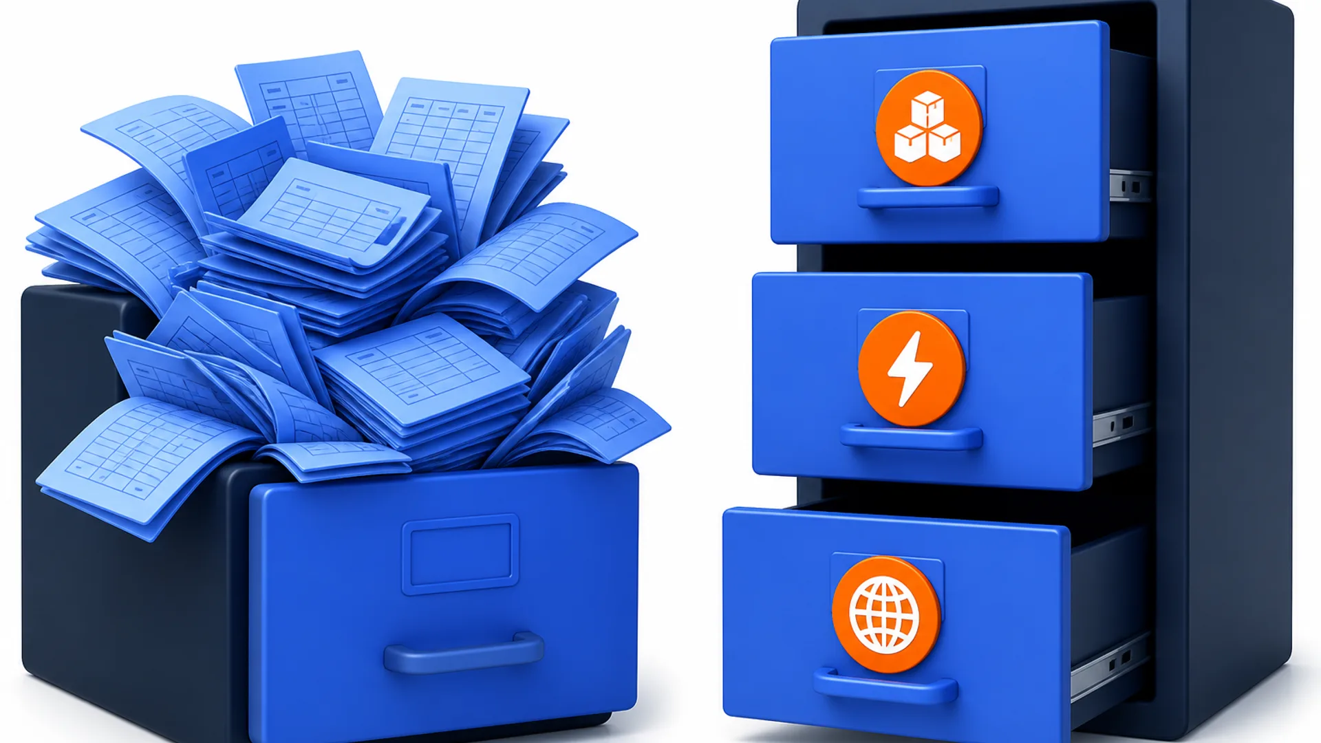 A dark metal filing drawer on the left overflows with blue ledger papers. To its right stands a taller navy filing cabinet with three open drawers, each holding a single orange badge: a stacked-boxes icon in the top drawer, a lightning-bolt icon in the middle drawer, and a globe icon in the bottom drawer.