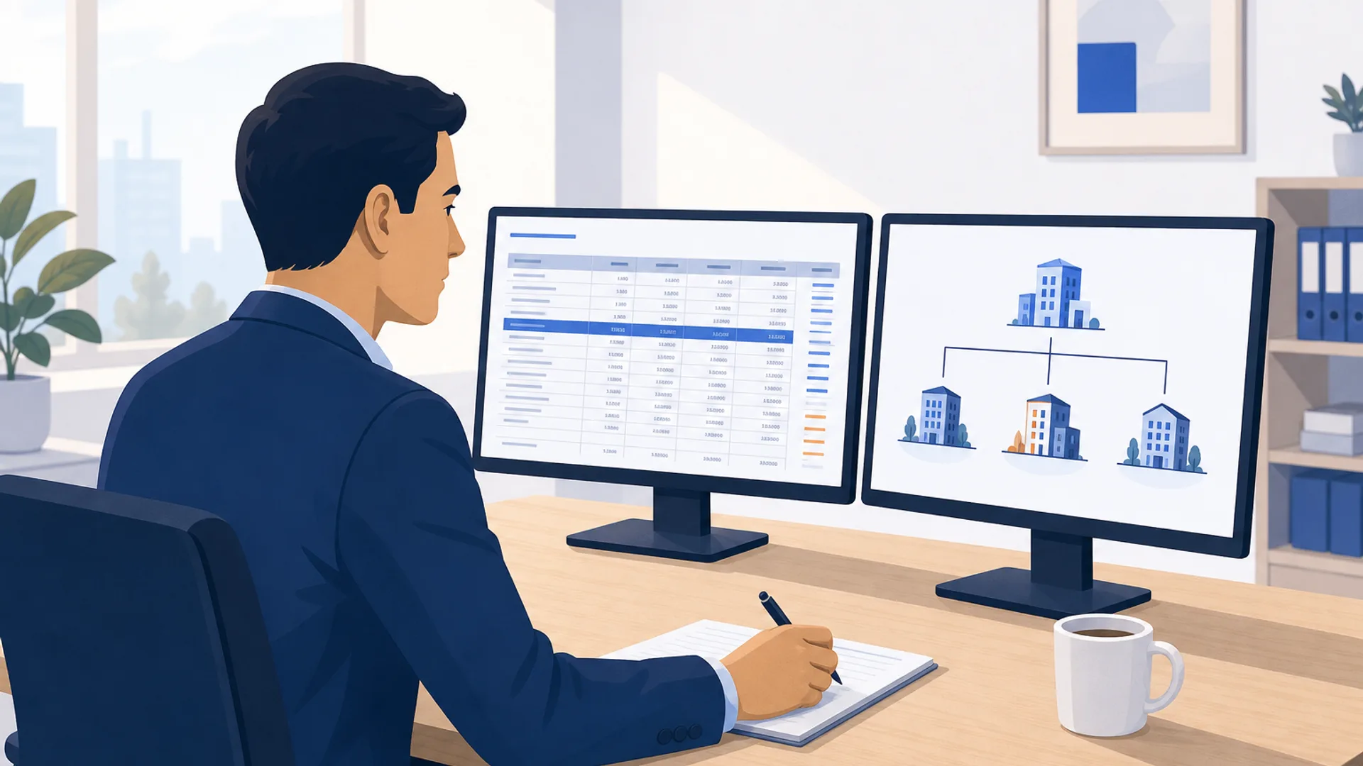 Eye-level view inside a small accounting firm's office in soft morning light: an accountant at a light oak desk reviews a general ledger trial balance on one monitor while a second monitor shows a multi-entity consolidation chart, a notepad and a cup of coffee nearby