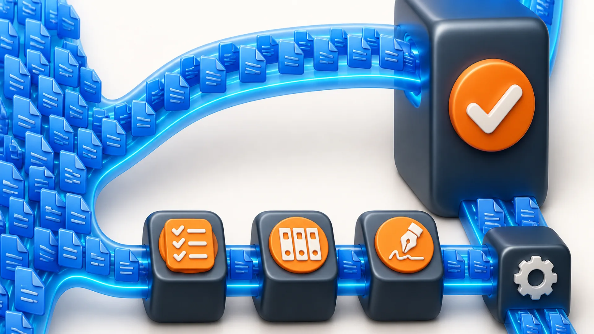 Illustration of a fork in a road: a cluster of blue document icons splits into two glowing blue lanes. The upper lane leads to a large dark tower marked with a white check inside an orange ring. The lower lane runs past a fountain pen, then a stapled binder, then a checklist, three small dark stations each topped with an orange icon, before reaching a smaller dark block that displays an orange gear.