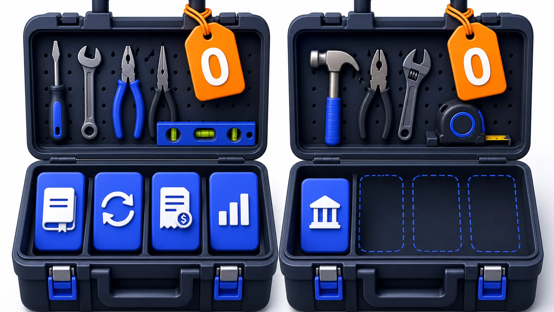 Two open toolboxes each tagged with an orange 0, the left tray holding four blue capability cards for ledger, reconciliation, invoicing and reports, the right holding one card beside three empty dashed slots