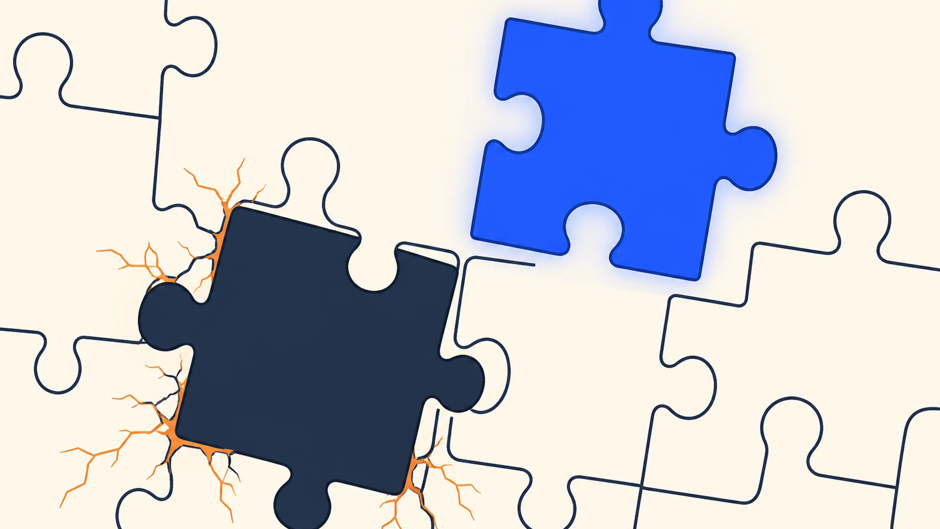 Flat editorial illustration, eye-level close-up on a warm off-white background: a single large deep-slate jigsaw piece is wedged crookedly into a puzzle gap, its edges cracked and outlined in warning brand-orange from being forced in at the wrong angle. Beside the gap, a correctly-shaped brand-blue jigsaw piece hovers just above it, glowing faintly, ready to drop cleanly into place. No desk, laptop, phone, document tray, or coffee cup in the scene.