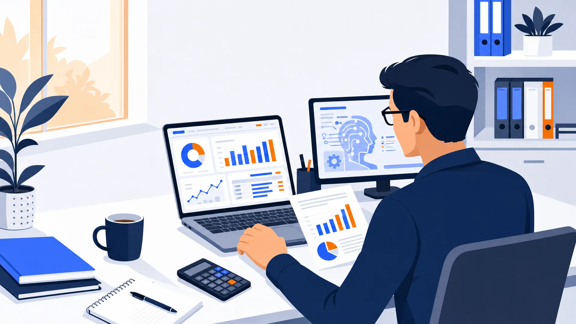 Accountant at a modern desk reviewing financial reports on a laptop with clean dashboards, professional office with afternoon light, calm atmosphere