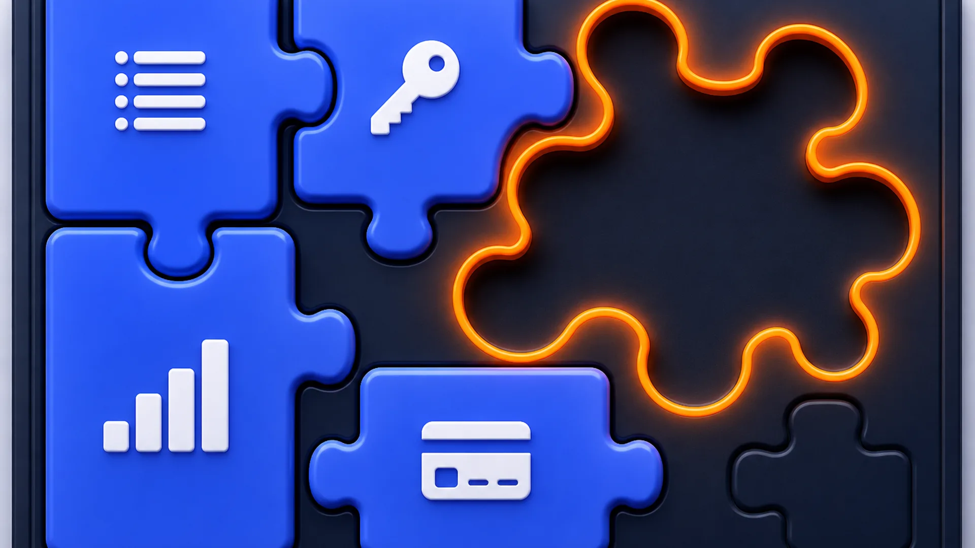 A glossy dark puzzle board with four blue pieces locked in place, each marked with a white icon for list, key, bar chart, and card. One large odd-shaped gap glows with an orange outline, clearly the wrong shape for nearby pieces, and a small empty slot sits in the corner.