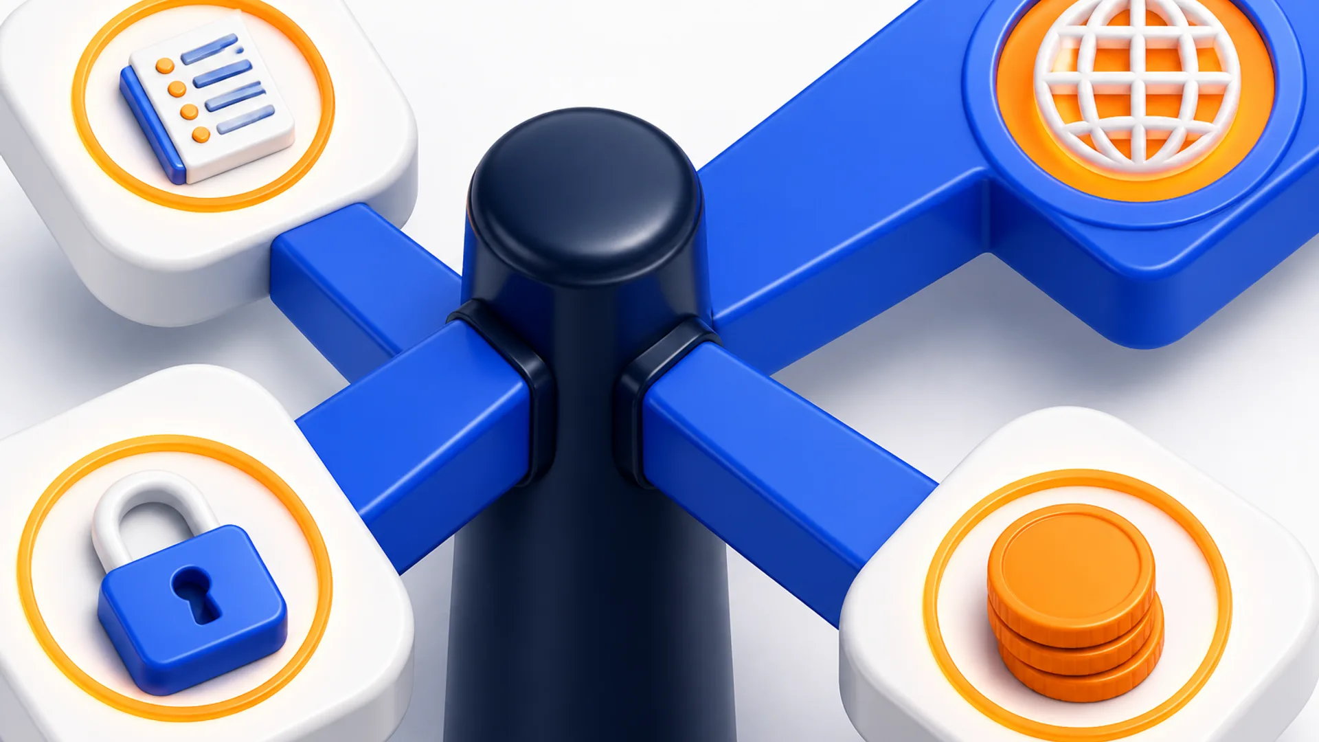 Isometric signpost with four arms ending in glowing badges, one arm reaching toward a brand-blue globe badge in the corner.