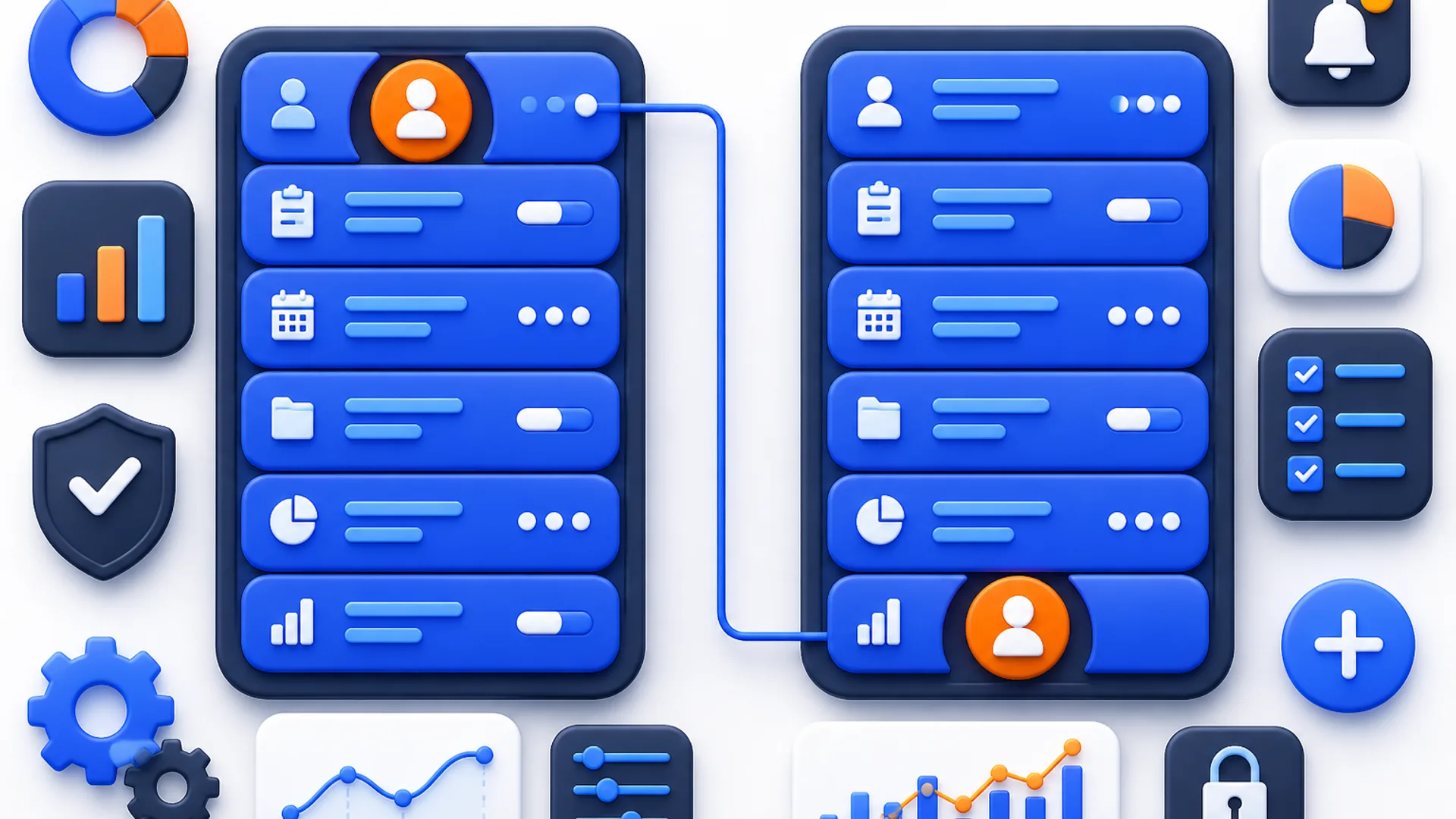 Two stacked panels of blue feature rows linked by a thin line, with an orange accountant badge seated in the top row of the left panel and in the bottom row of the right panel