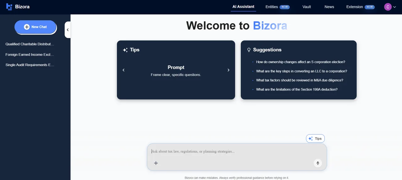 Bizora AI Assistant screen with sidebar of saved chats, a tips card, tax question suggestions, and a question box at the bottom.