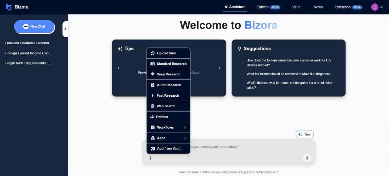 Bizora AI Assistant with a plus menu offering file upload, web search, and research modes such as standard, deep, audit, and fast.