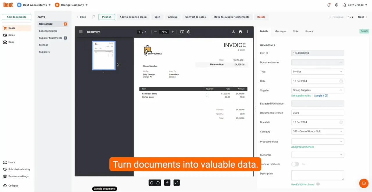 Dext document capture interface showing invoice data extraction and item details panel