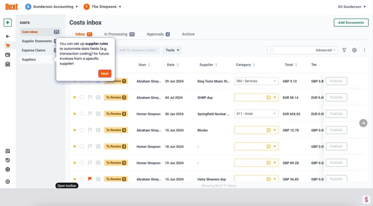 Dext costs inbox with document processing queue and supplier review statuses