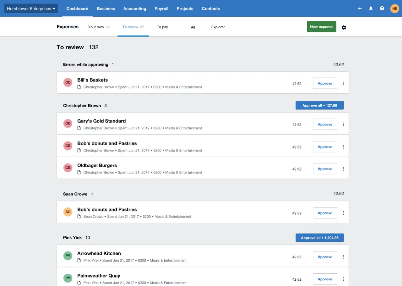 Xero expenses screen with claims to review grouped by team member